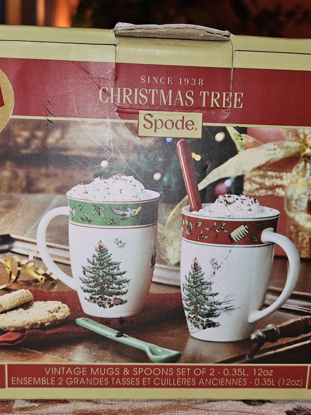 Spode Vintage Christmas Tree Mugs & Spoons Set of 2 New in Box